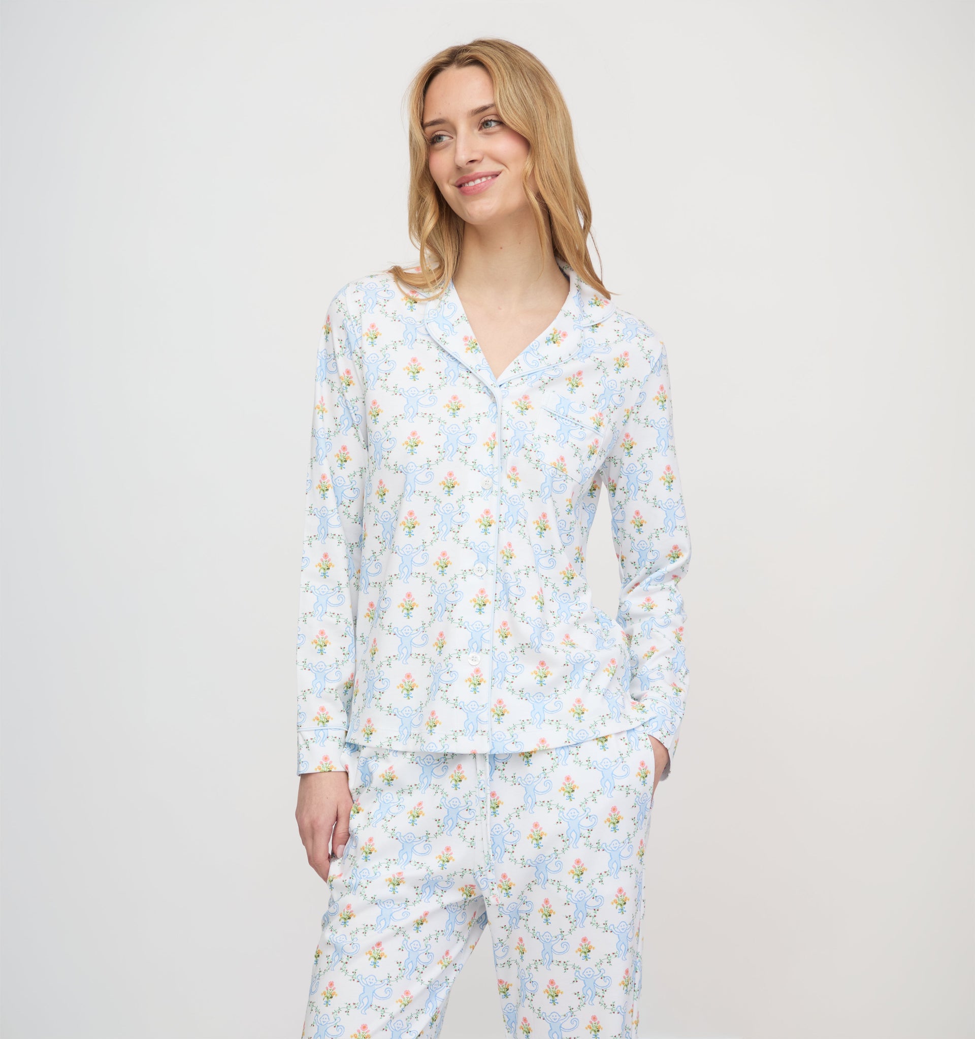 Roller Rabbit x Hill House Long Sleeve Polo Pajamas - Blue Floral Monkey Trellis