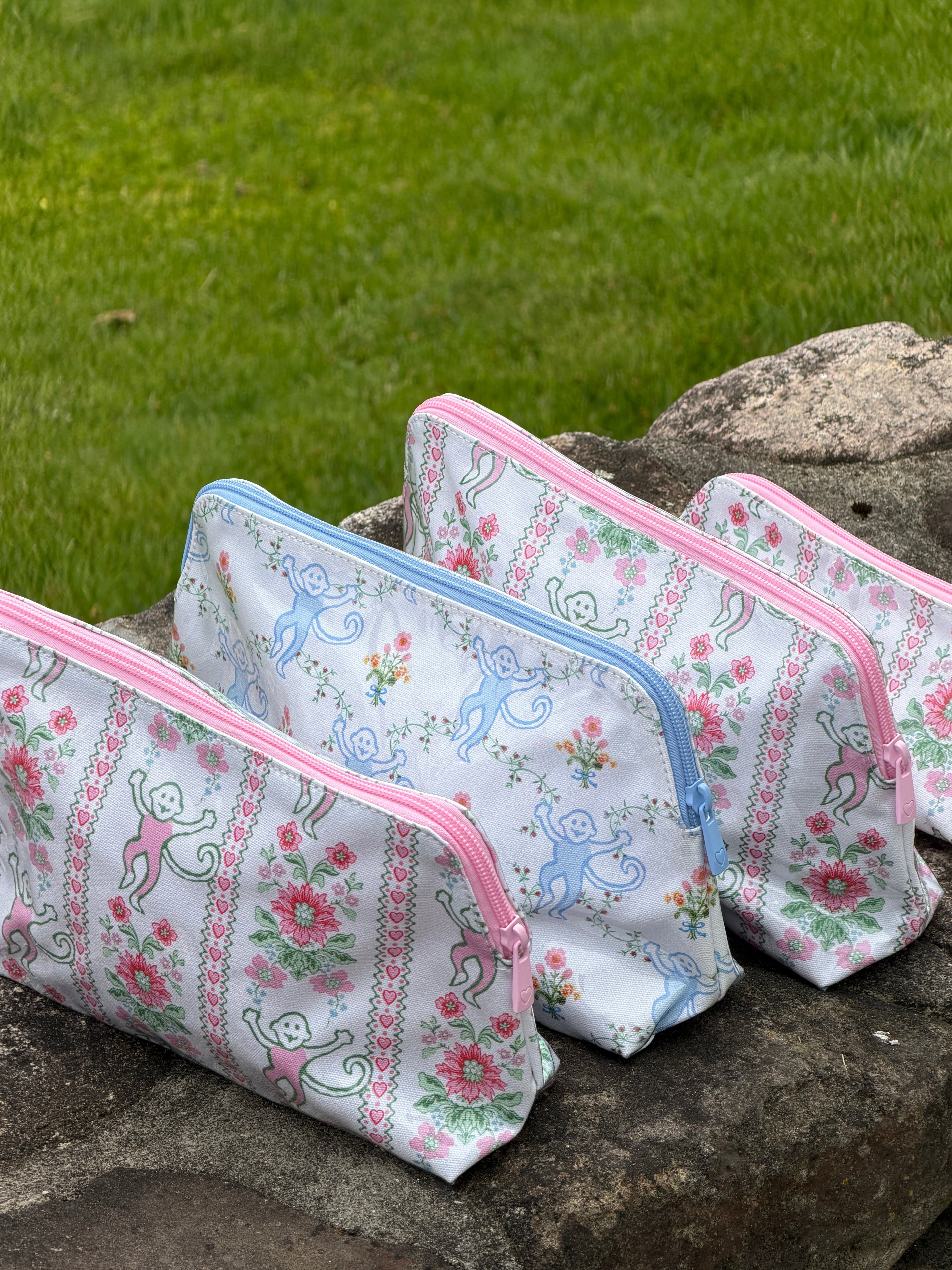 Roller Rabbit x Hill House Large Makeup Bag - Pink Monkey Block Stripe