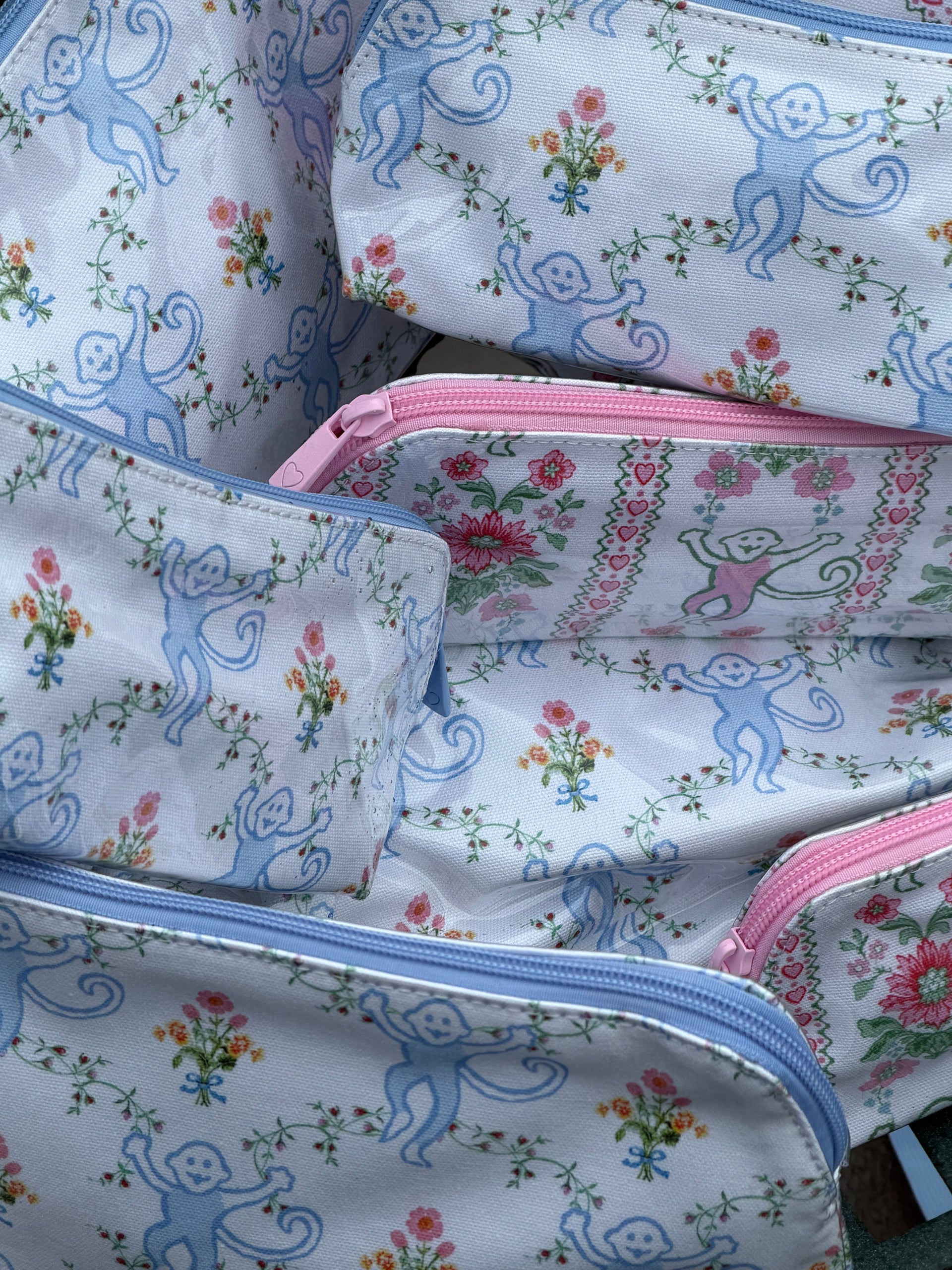 Roller Rabbit x Hill House Small Makeup Bag - Blue Floral Monkey Trellis