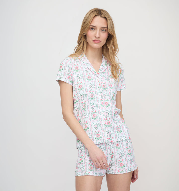 Roller Rabbit x Hill House Polo Pajamas - Pink Monkey Block Stripe