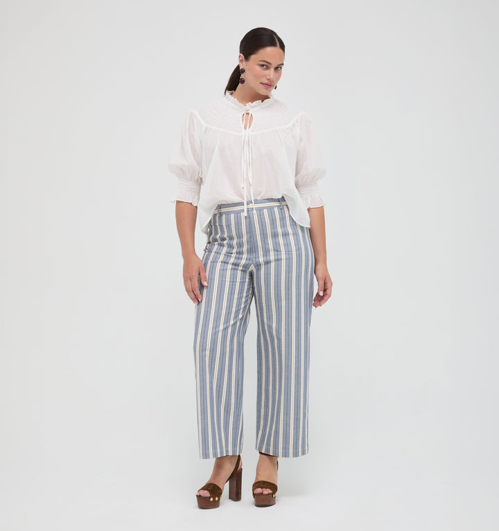 The Mindy Pant -  Coln Ticking Stripe Dusty Blue