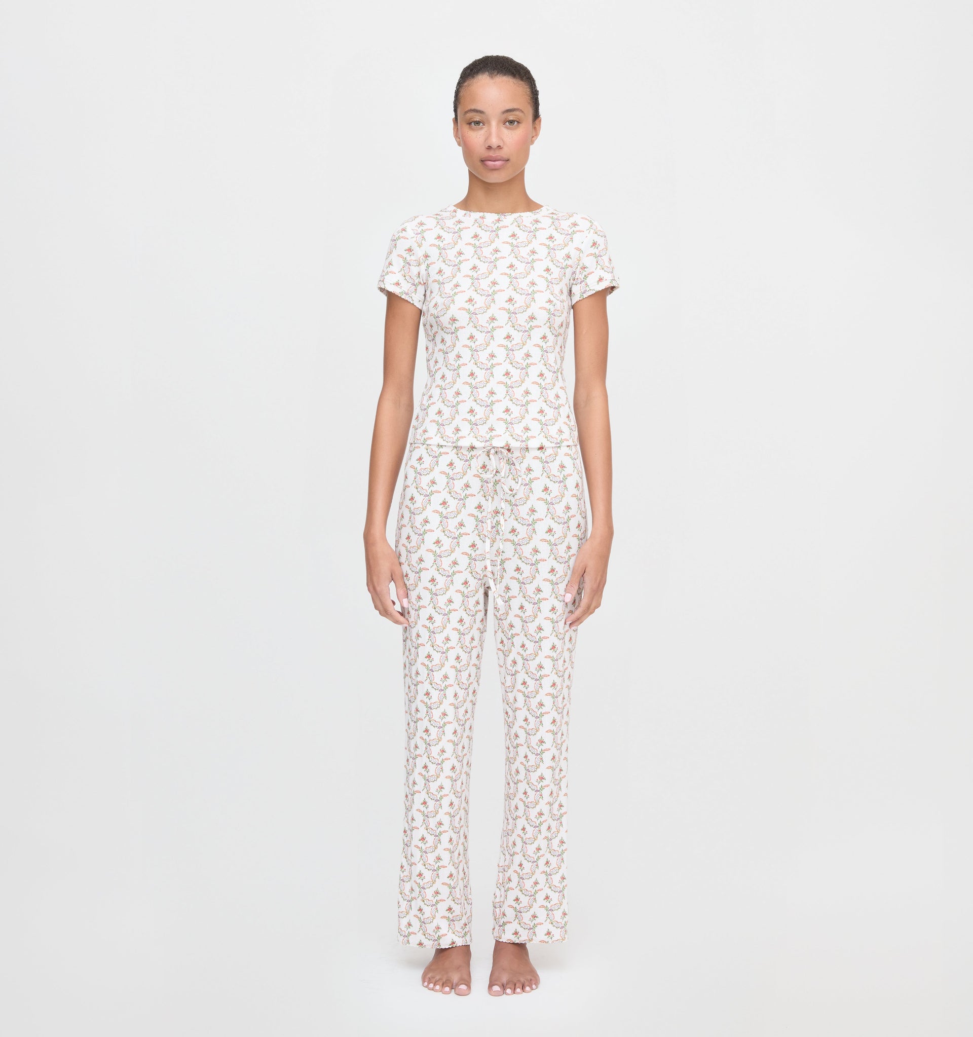 The Cleo Pointelle Set - Pink Ribbon Rose Ikat