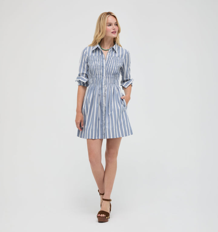 The Mira Dress -  Coln Ticking Stripe Dusty Blue
