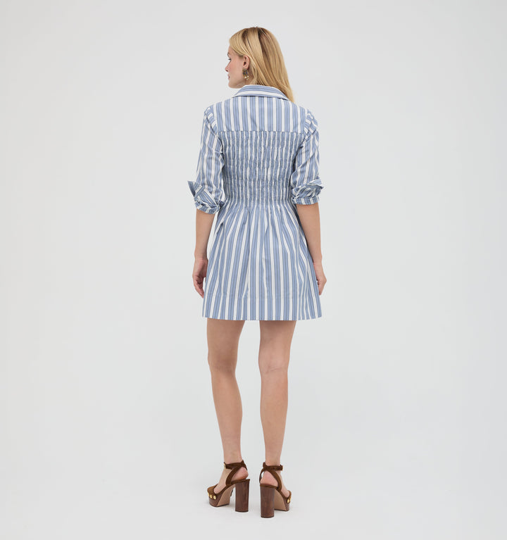 The Mira Dress -  Coln Ticking Stripe Dusty Blue