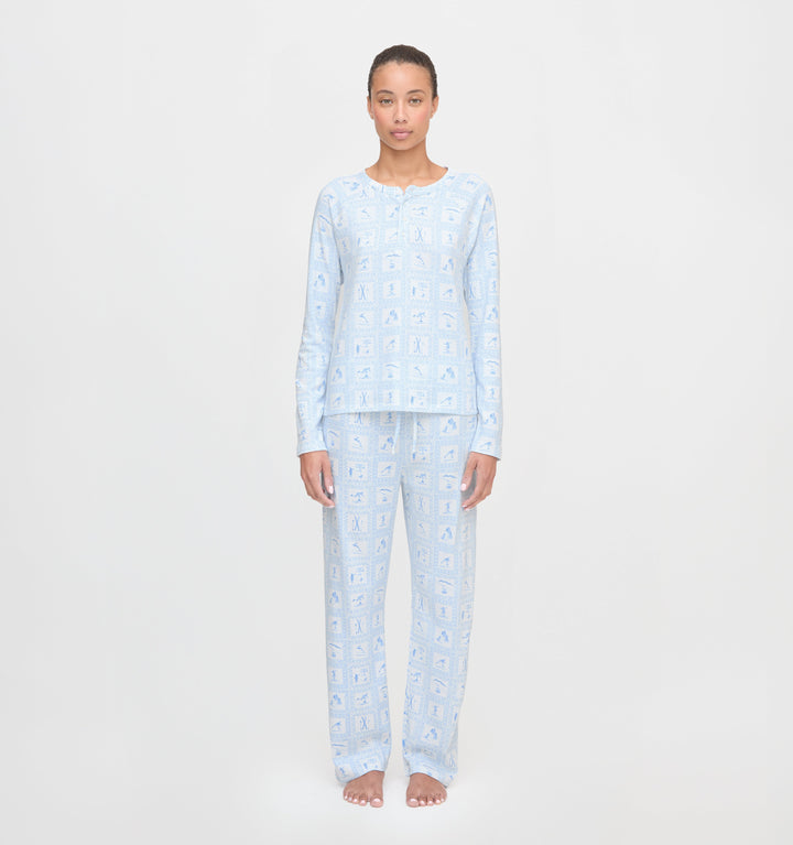 The Olivia Pajama Set - Blue Skiers Toile