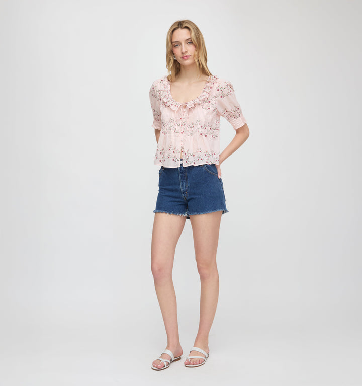 The Camri Top - Pink Floral Vine Scallop