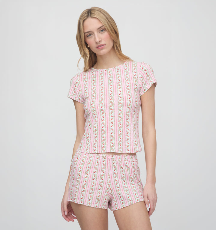 The Coco Pointelle PJ Set - Pink Floral Dot Stripe