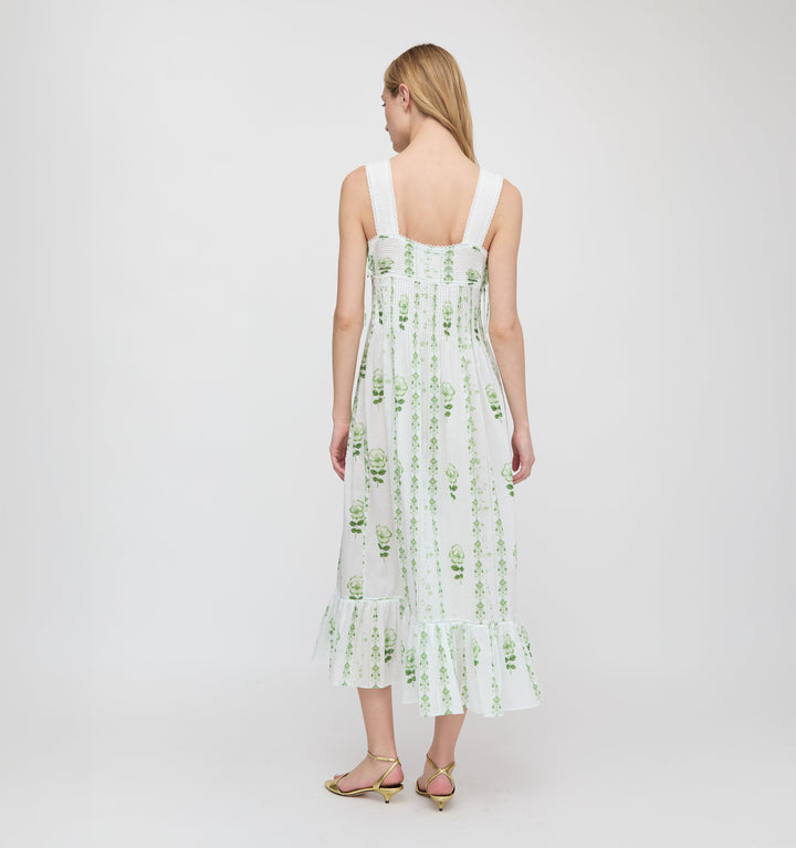 The Lux Nightgown - White/Green Arcadia Border
