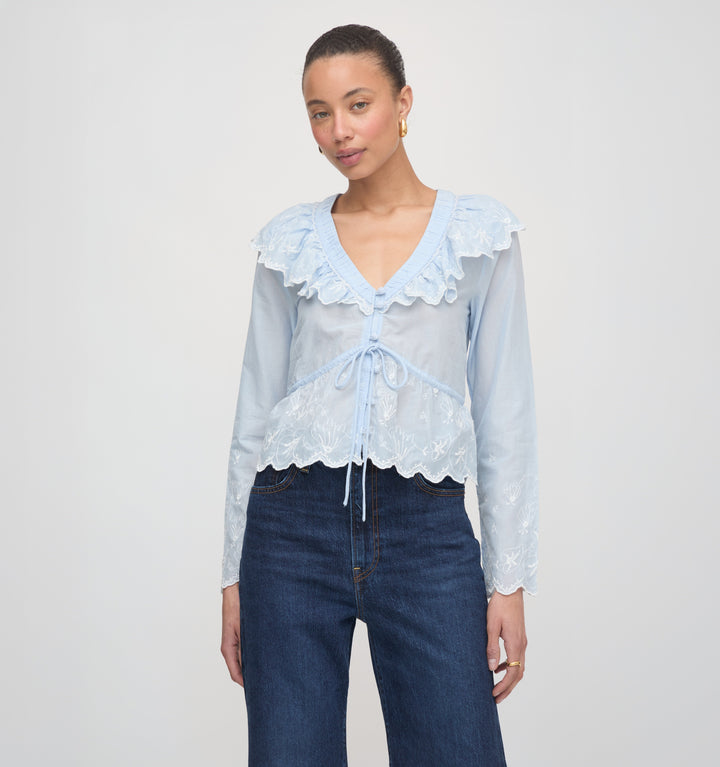 The Zoya Top - Powder Blue with White Embroidery