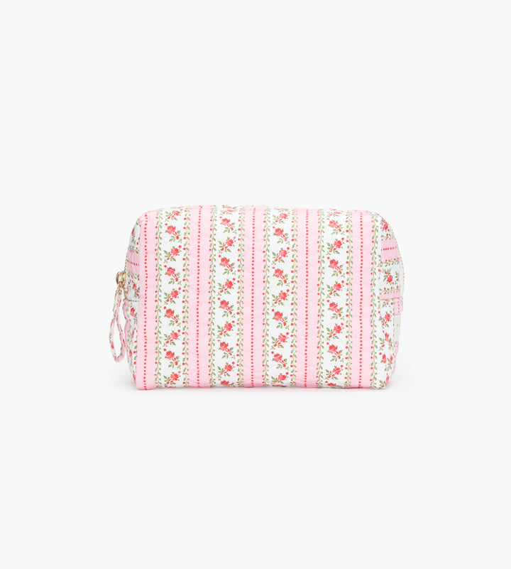 The Mini Quilted Cosmetic Bag - Pink Floral Dot Stripe