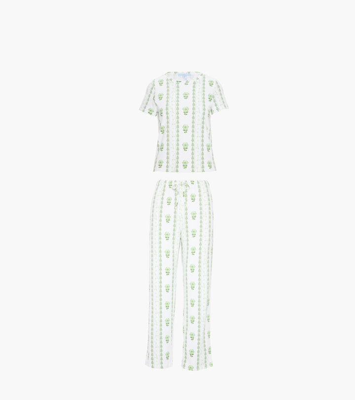 The Kelly Pajama Set - White/Green Arcadia Border