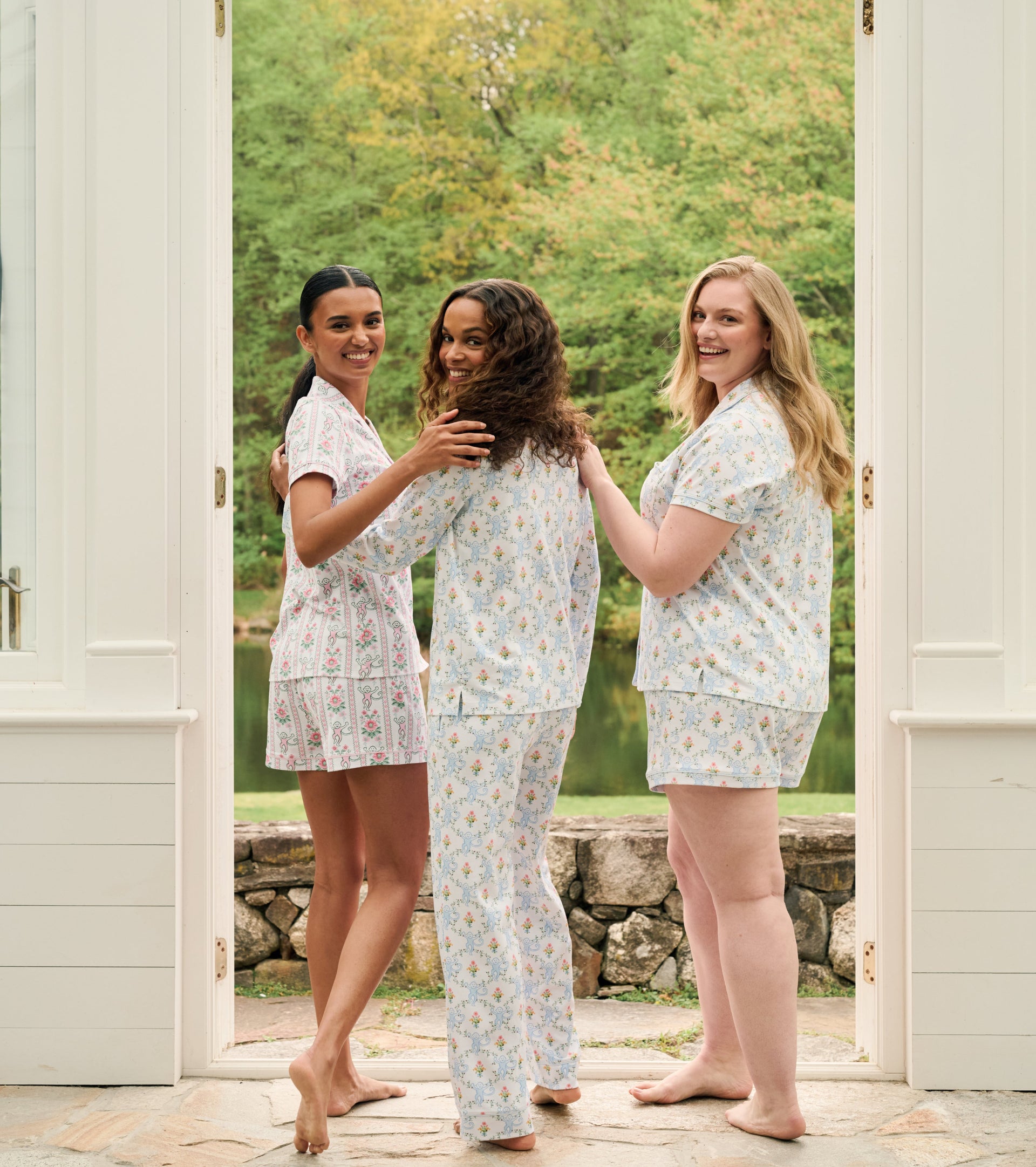 Roller Rabbit x Hill House Long Sleeve Polo Pajamas - Blue Floral Monkey Trellis
