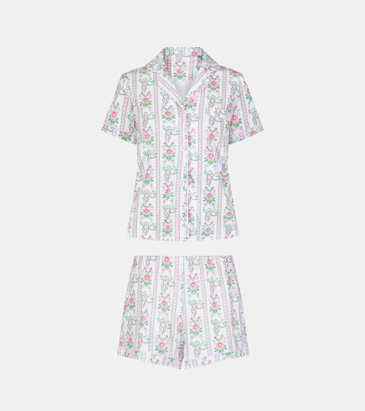 Roller Rabbit x Hill House Polo Pajamas - Pink Monkey Block Stripe