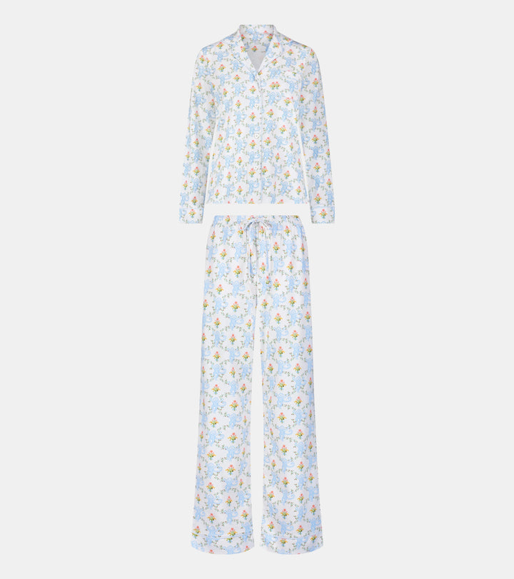 Roller Rabbit x Hill House Long Sleeve Polo Pajamas - Blue Floral Monkey Trellis