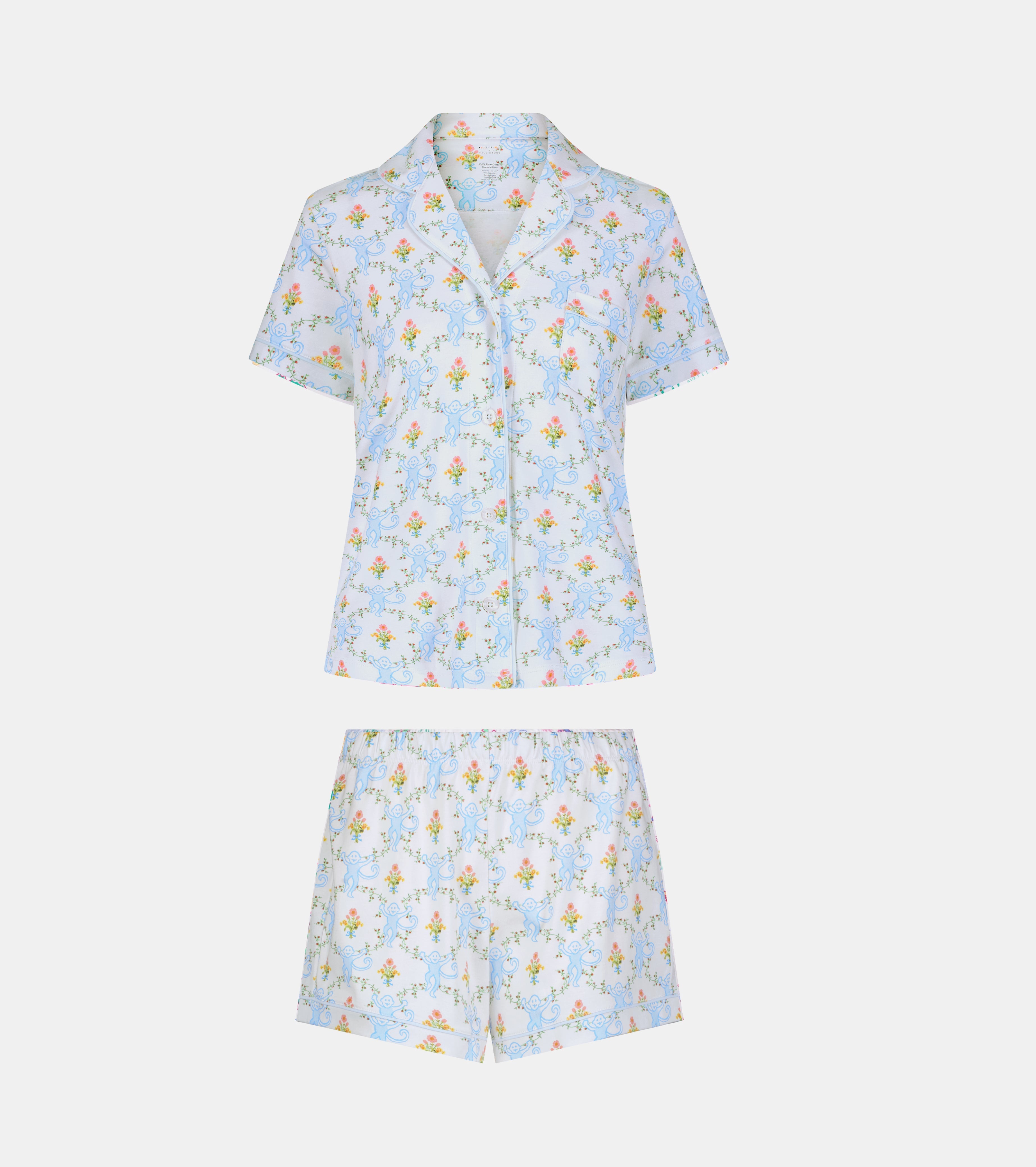 Roller Rabbit x Hill House Polo Pajamas - Blue Floral Monkey Trellis